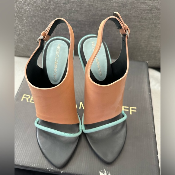 Rebecca Minkoff Barista Heeled Sandals Tan Leather Ankle Strap Buckle - Picture 3 of 5